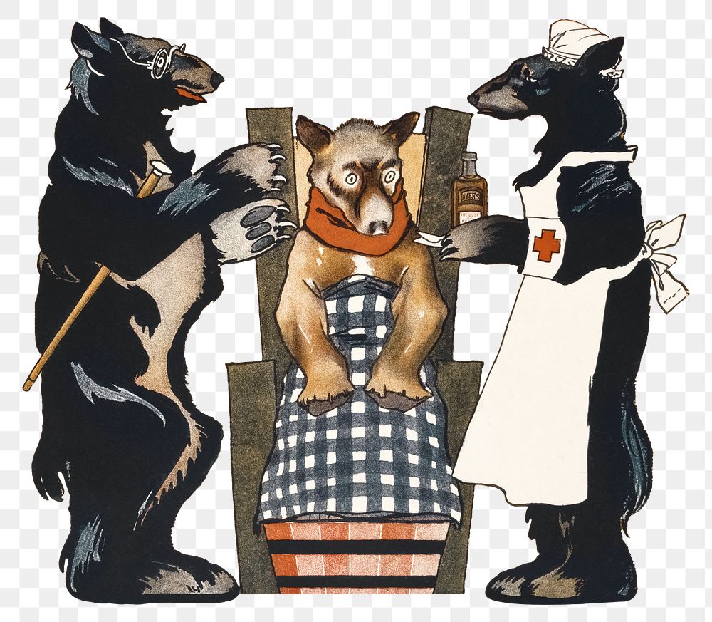 Bear png doctor and nurse giving medication to patient, remixed from artworks by Edward Penfield