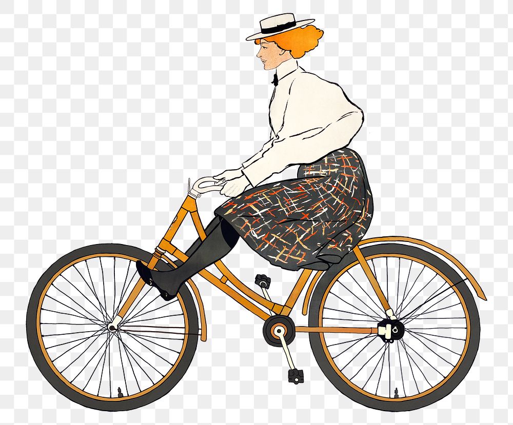 Woman png riding a bicycle art print, remixed from artworks by Edward Penfield