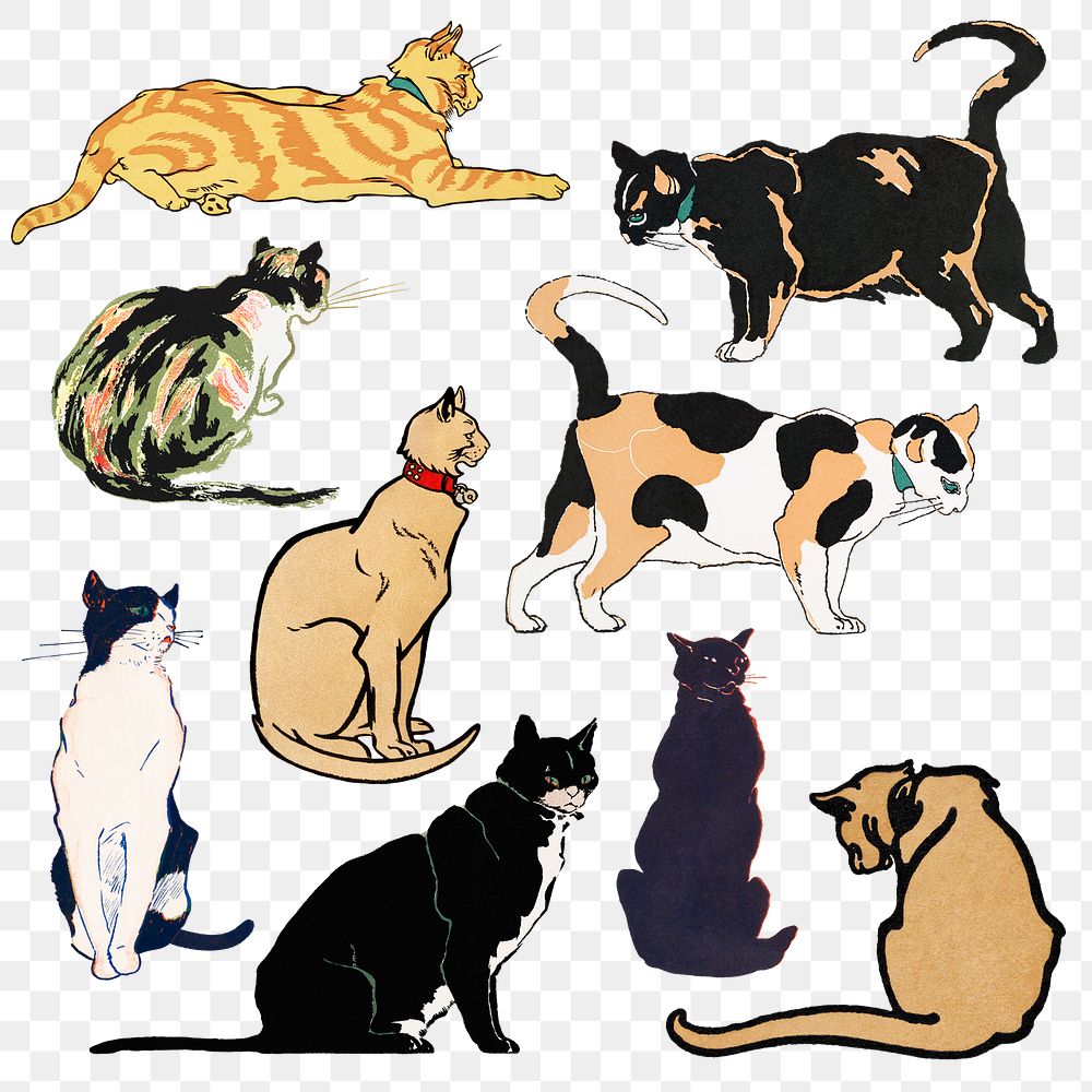 Cat png sticker animal art print set, remixed from artworks by Edward Penfield