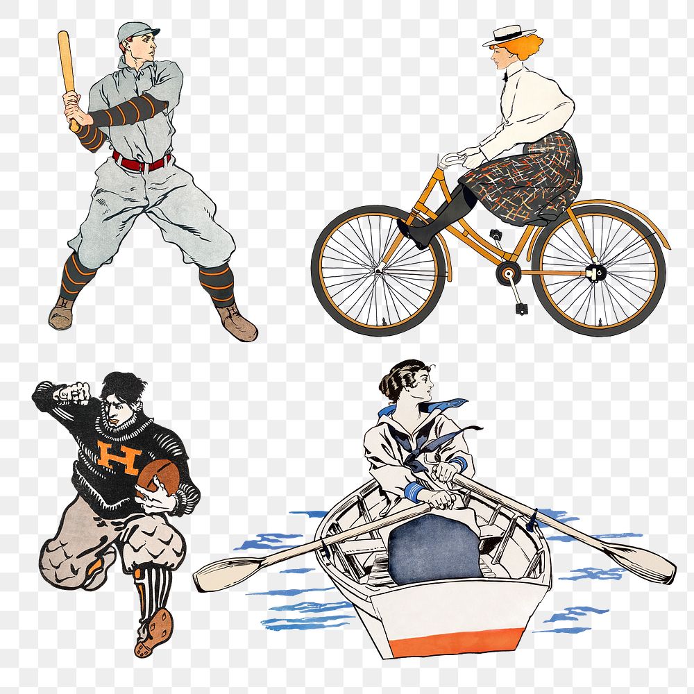 American sport png illustration set, remixed from artworks by Edward Penfield