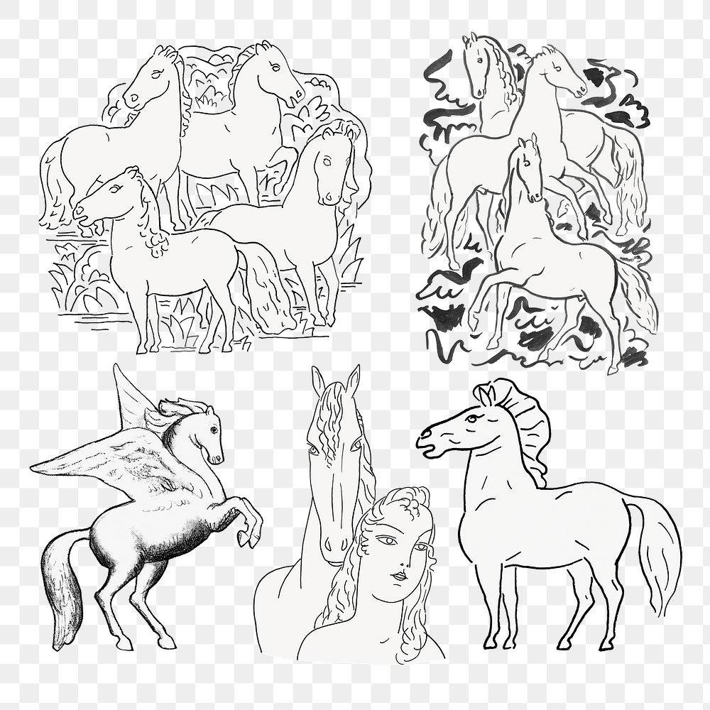 Vintage horse png hand drawn illustration set, remixed from artworks from Leo Gestel