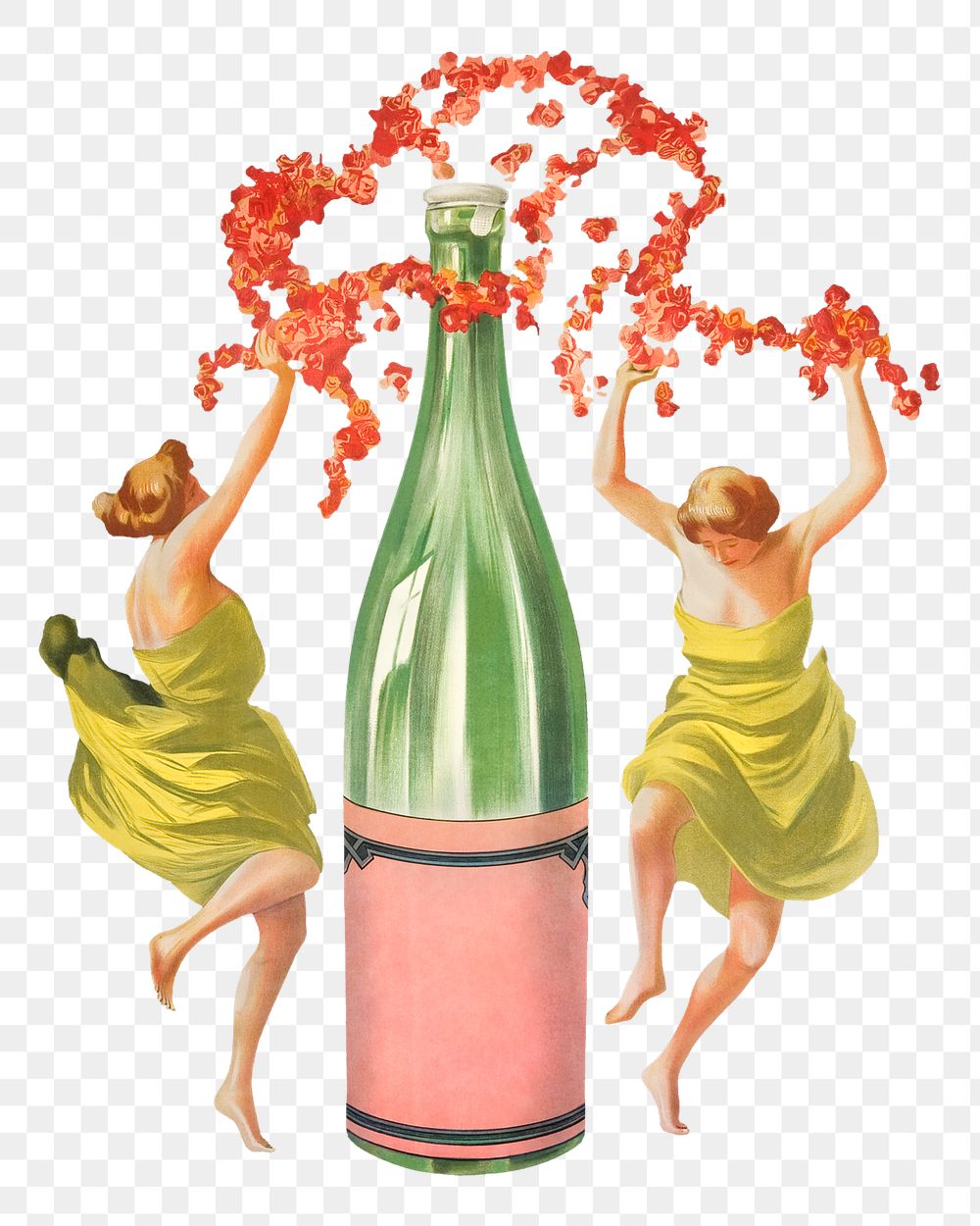 Mineral water bottle png with women illustration, remixed from artworks by Leonetto Cappiello