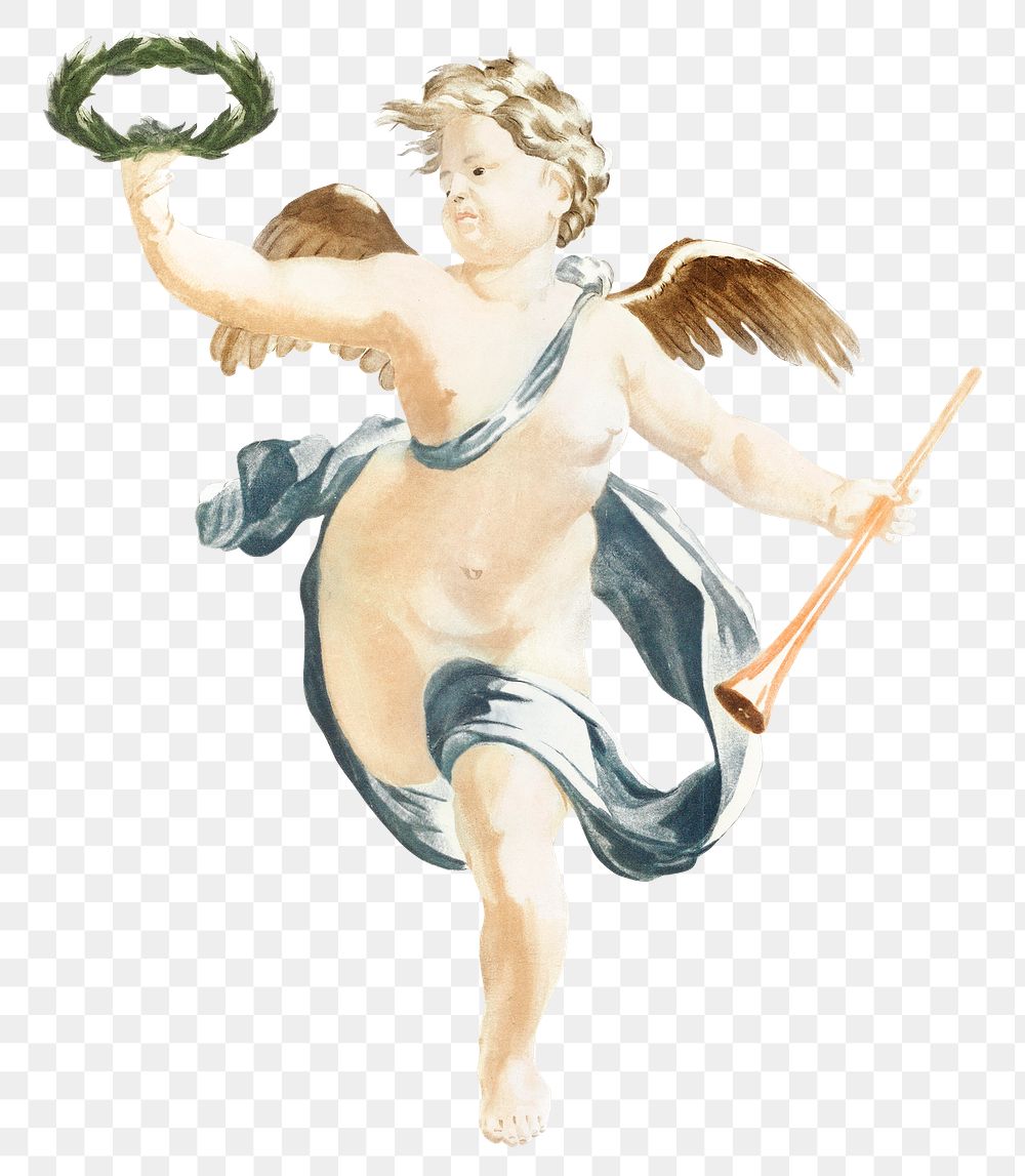 Angel png holding wreath and trumpet illustration