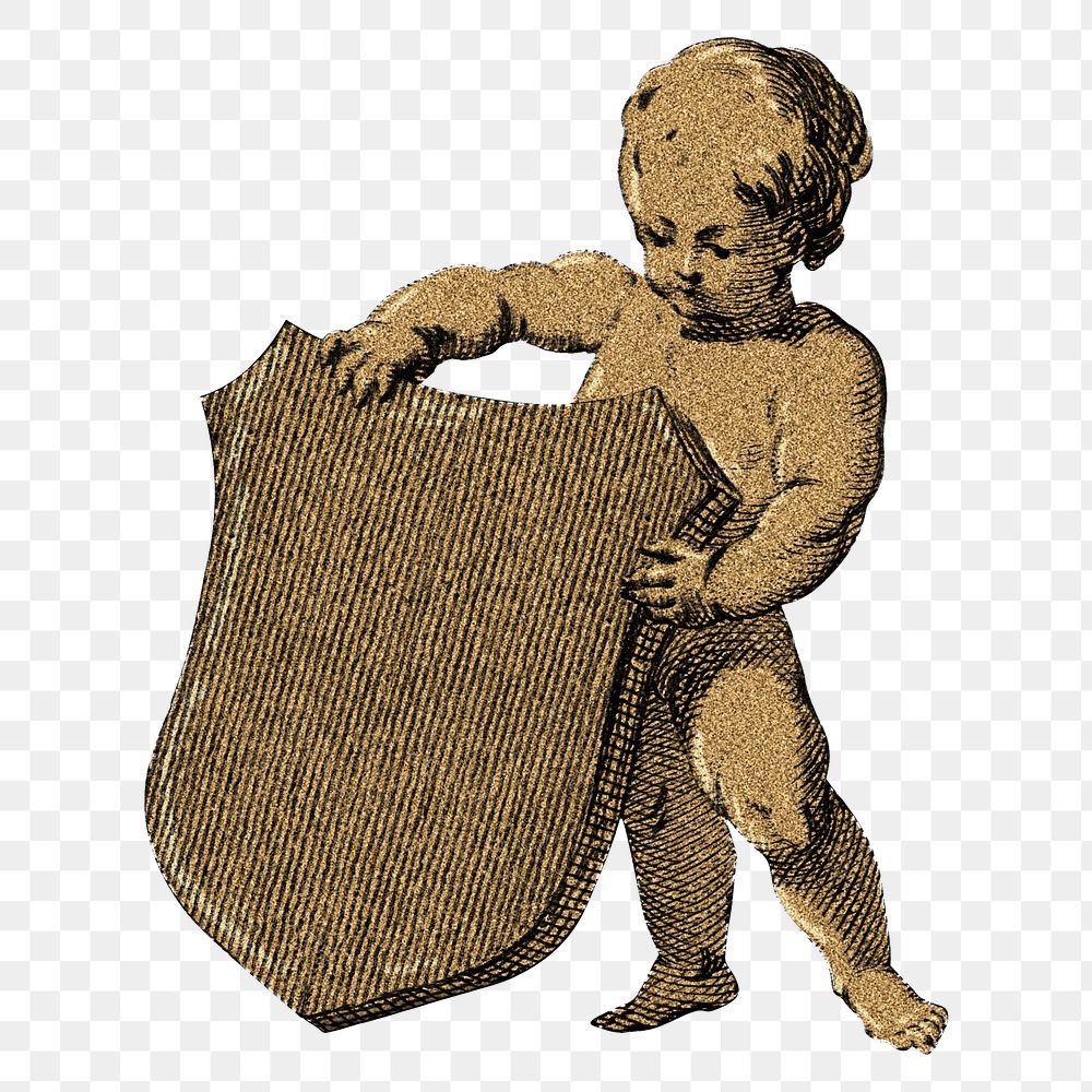 Gold cherub with shield illustration