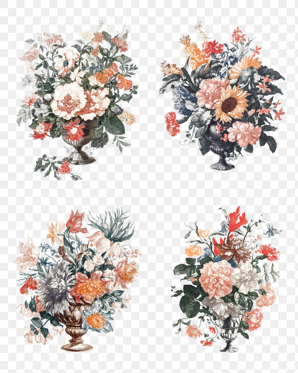 Flower bouquet in vase png sticker vintage illustration set