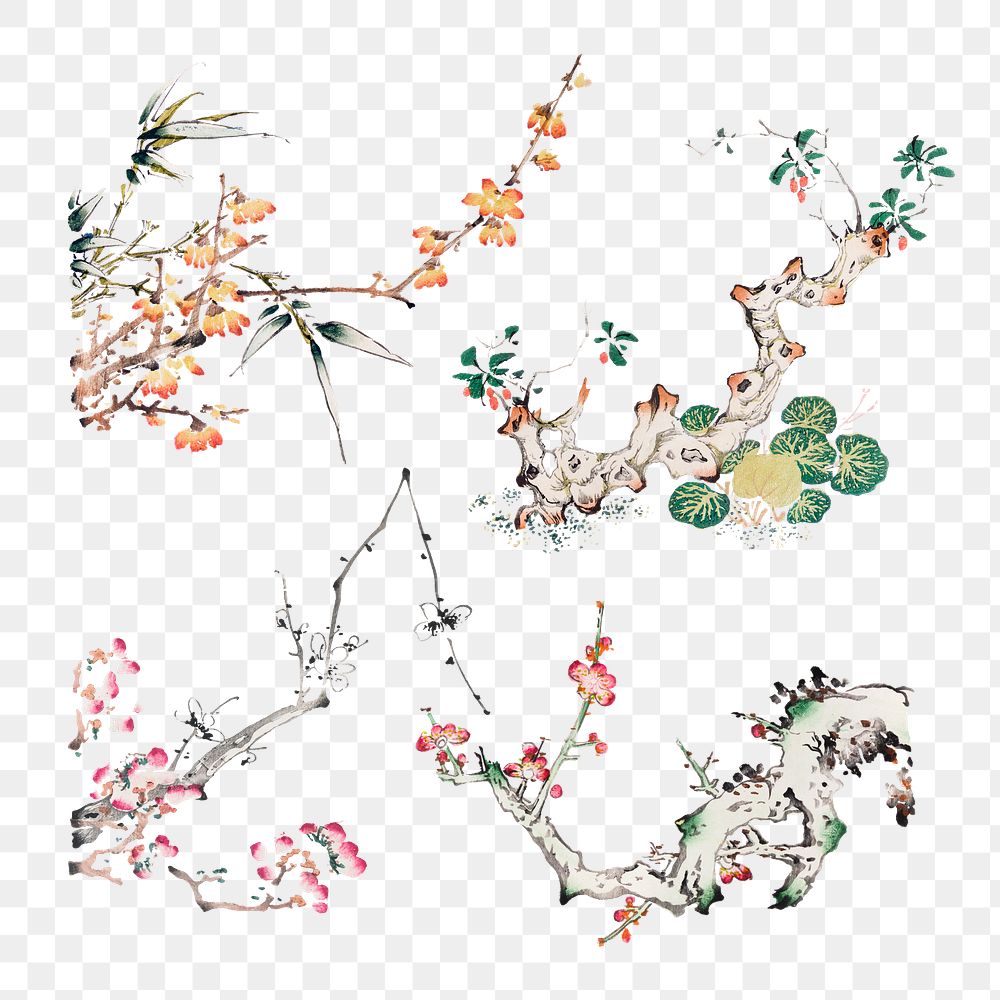 Vintage botanical element png art print set, remixed from artworks by Hu Zhengyan