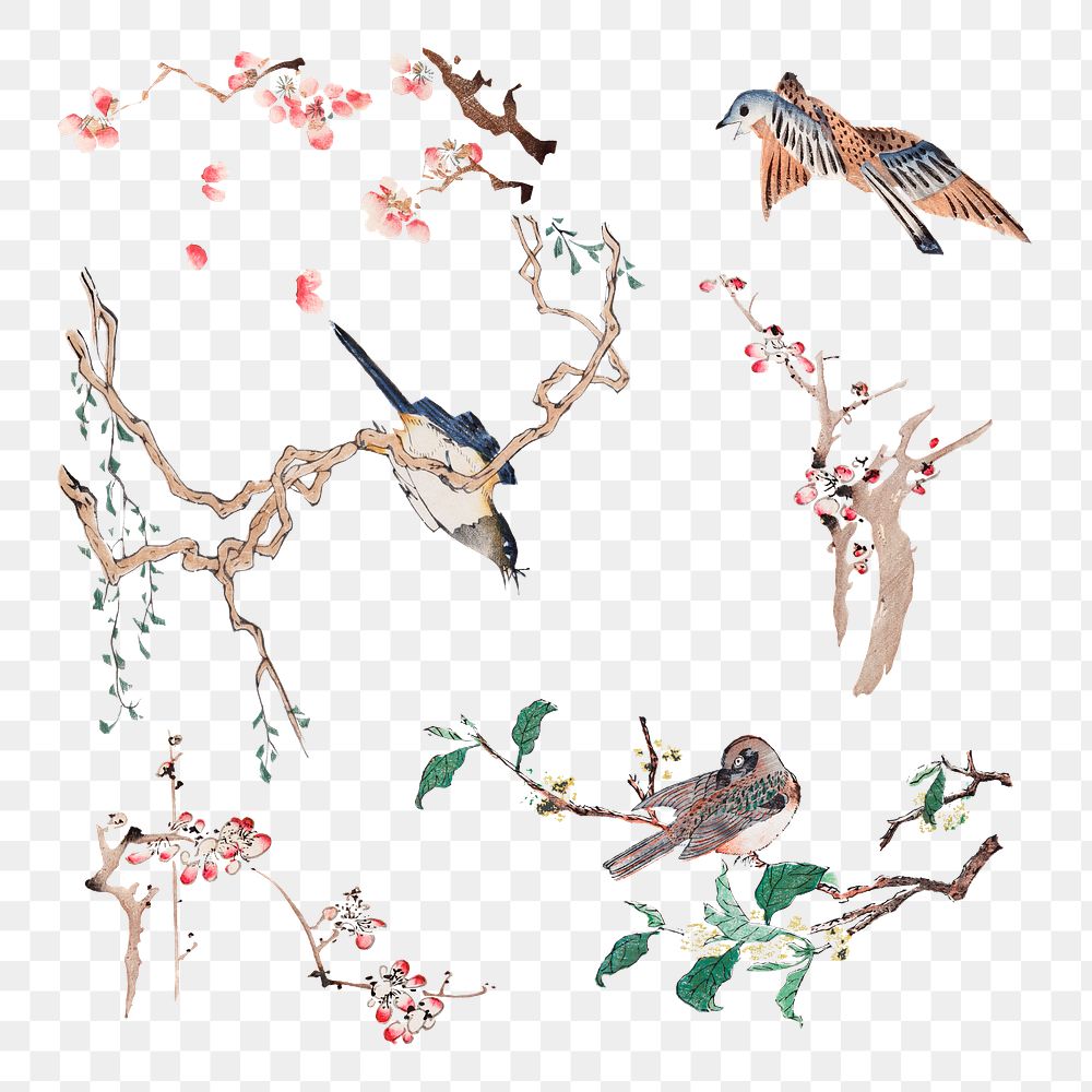 Bird perching on a tree png art print set, remixed from artworks by Hu Zhengyan