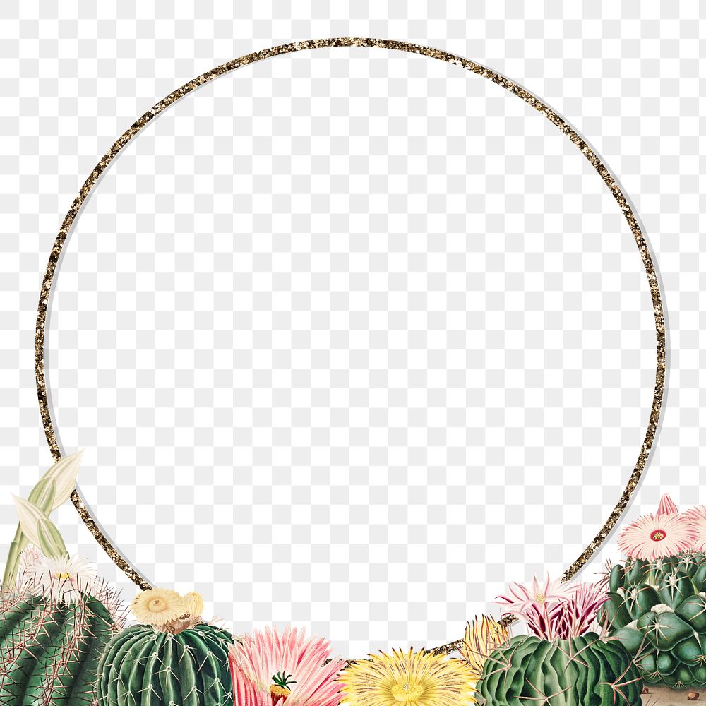Round gold frame with vintage cactus design element