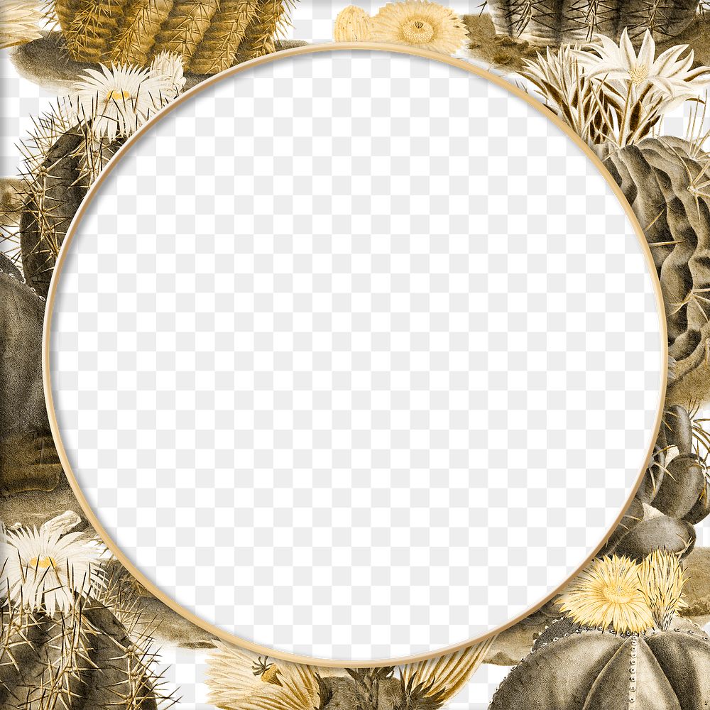 Round gold frame on vintage sepia cactus background design element