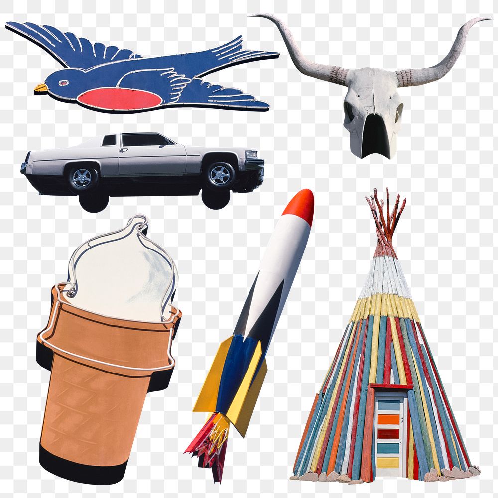 Vintage sticker png for advertisement set, remixed from artworks by John Margolies