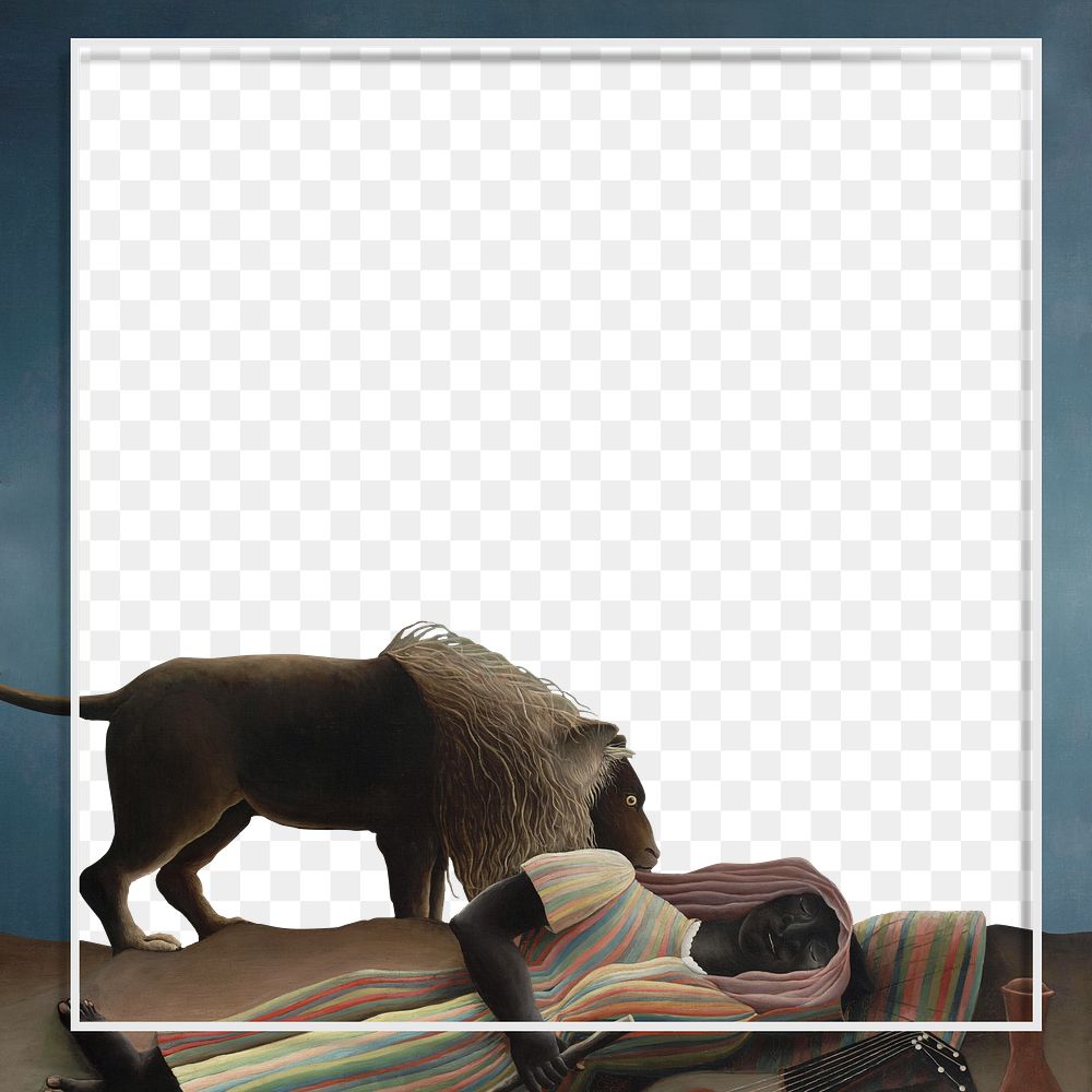 Frame png art border, lion and sleeping Gypsy, remixed from artworks by Henri Rousseau