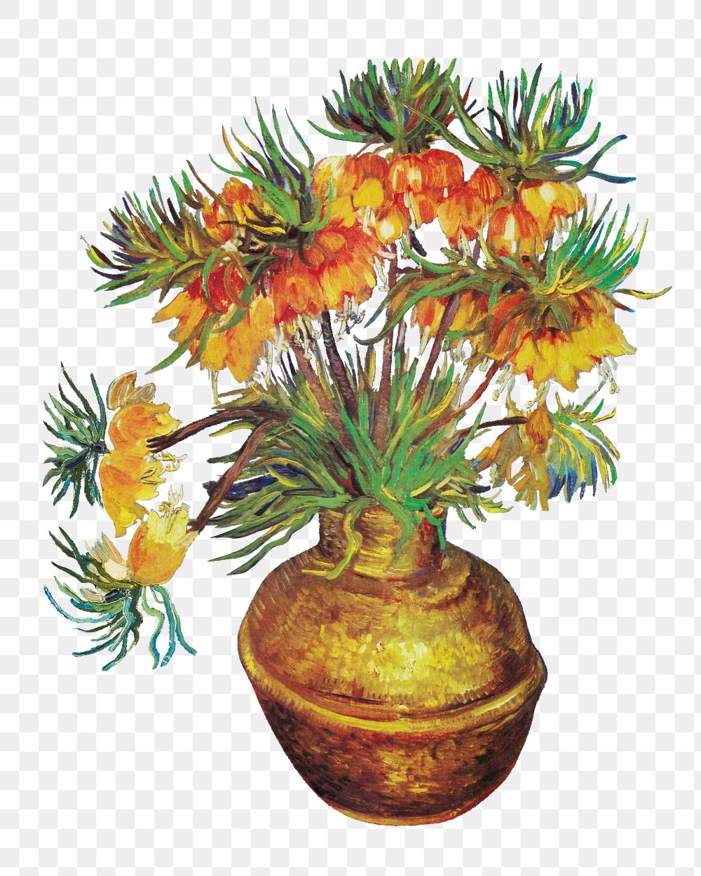 Png Imperial Fritillaries in a Copper Vase sticker, Van Gogh-inspired famous flower illustration on transparent background