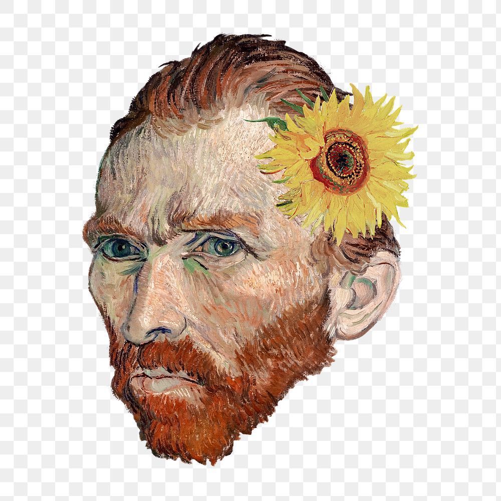 Png Van Gogh-inspired self-portrait & sunflower remixed collage artwork, vintage illustration on transparent background