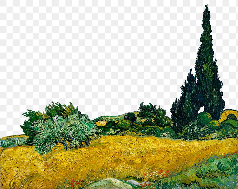 Png Van Gogh's Wheat Field with Cypresses sticker, famous painting illustration on transparent background, remastered by…