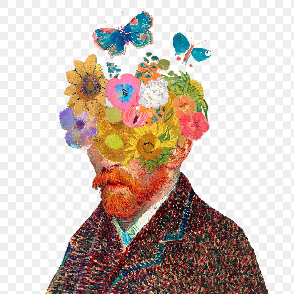 Png Vincent van Gogh-inspired surreal self-portrait & flower remixed collage artwork, abstract illustration on transparent…