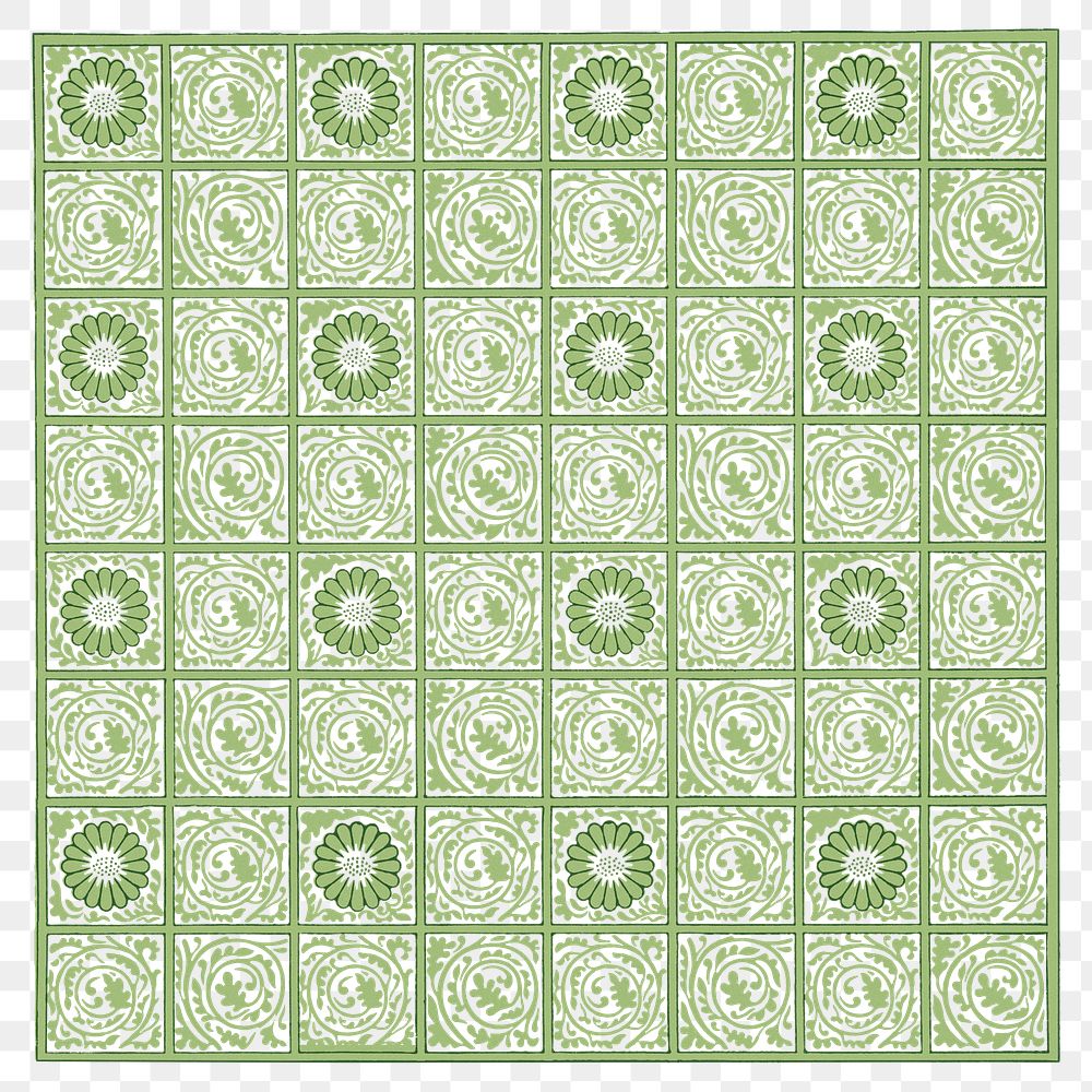 William Morris's png vintage pattern, squared green flower illustration, remix from the original artwork