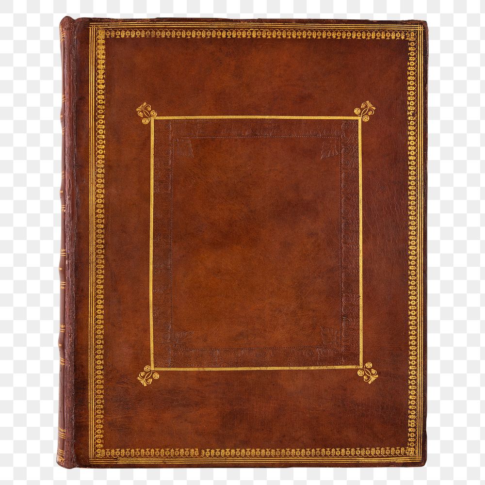 Antique book png sticker, brown leather cover with gold details