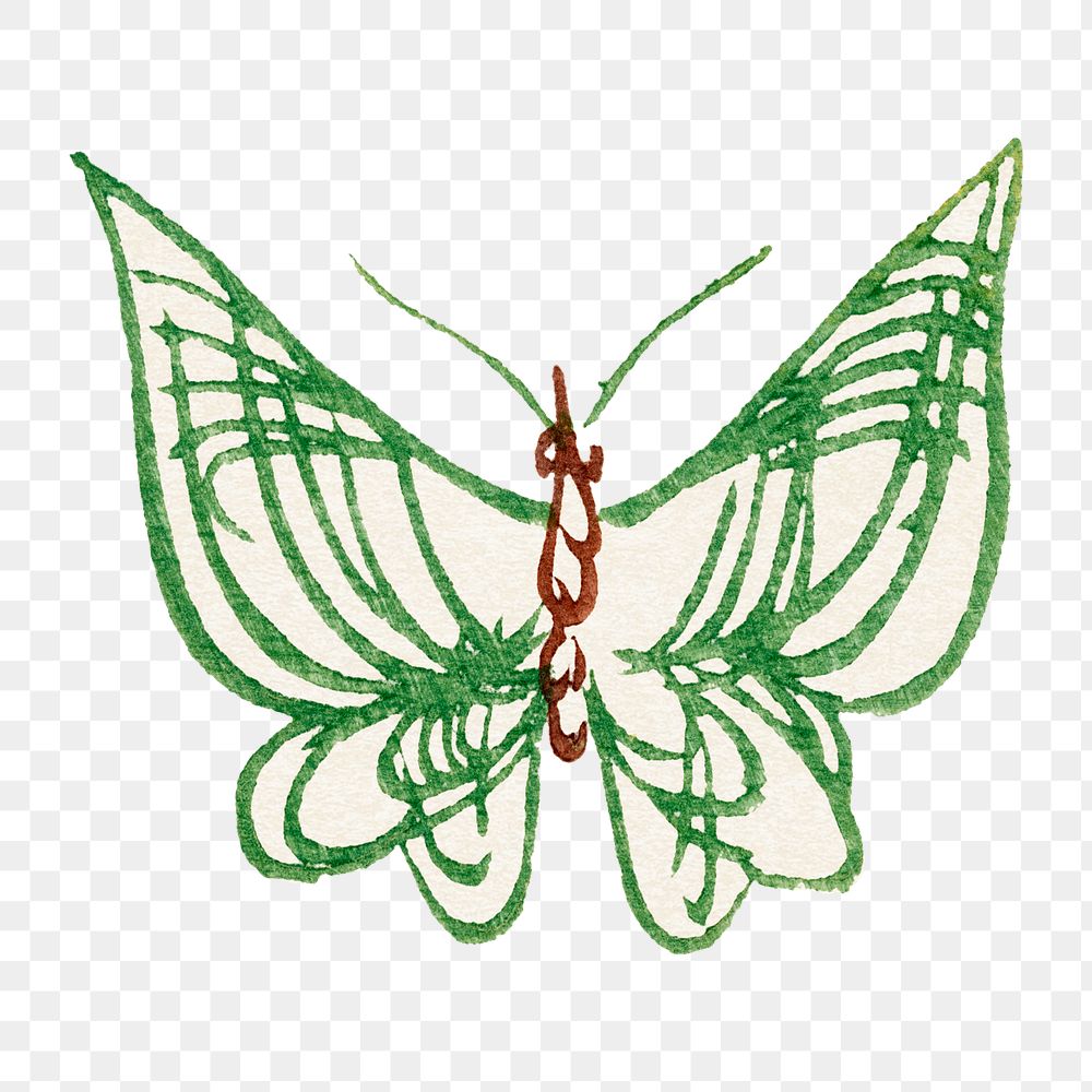 Butterfly doodle png sticker, green vintage design, transparent background