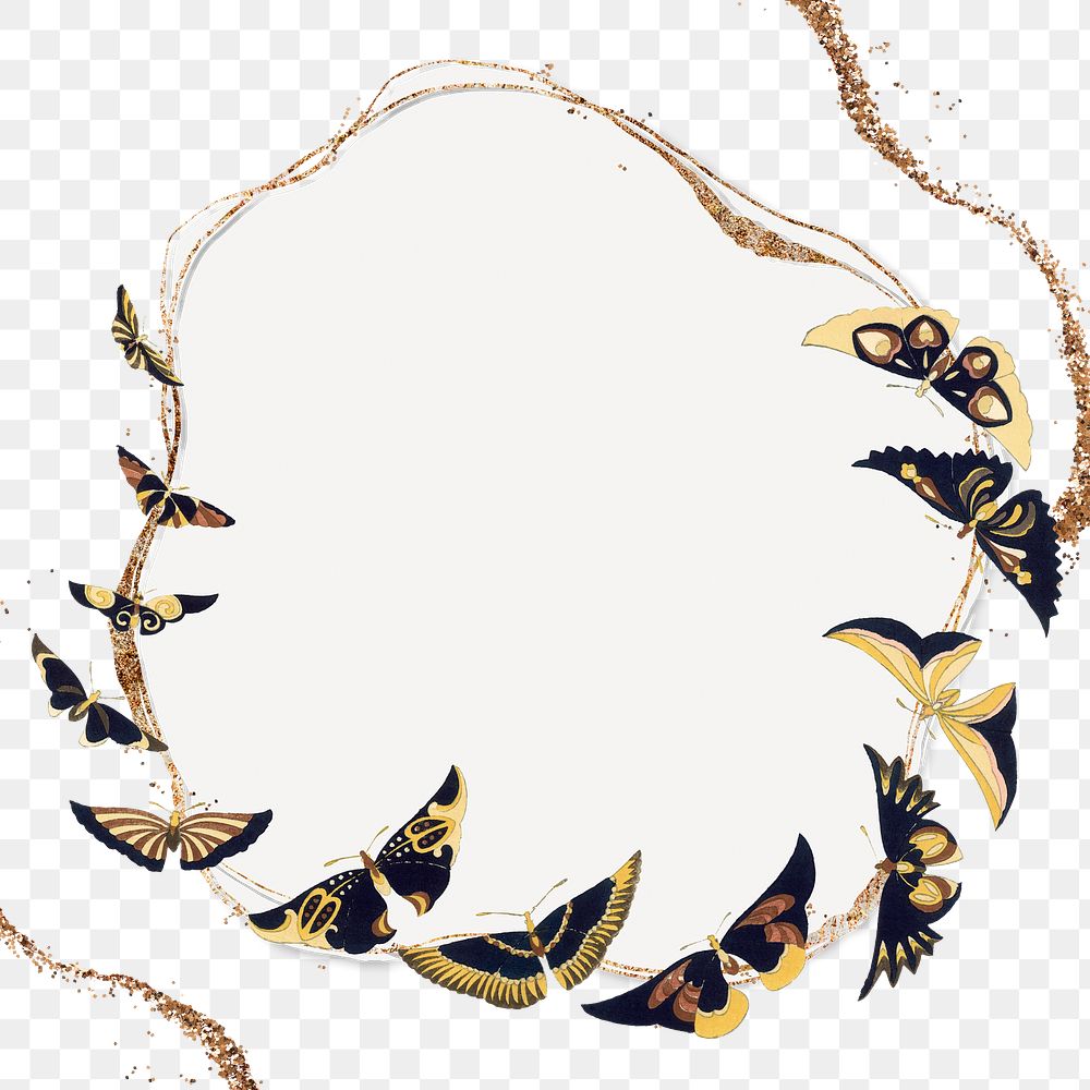 Butterfly png frame background, gold glitter illustration 