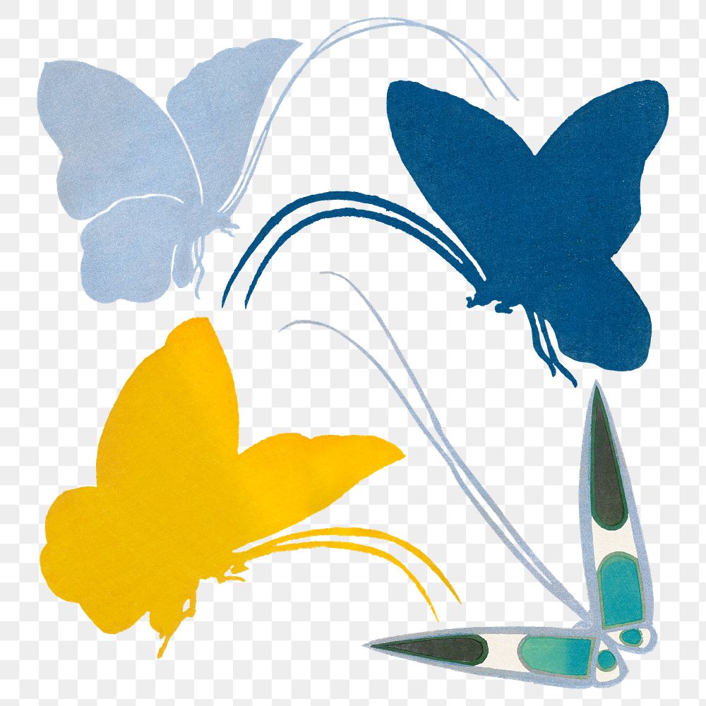Butterfly png design element, Japanese woodblock clip art, transparent background set
