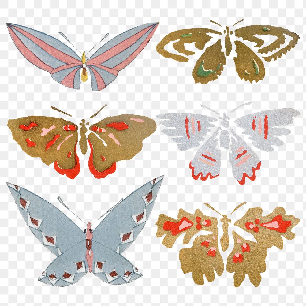 Colorful butterfly png sticker, Japanese woodblock print, vintage illustration set