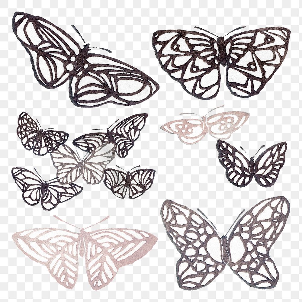 Butterfly png design element, drawing clip art, transparent background set