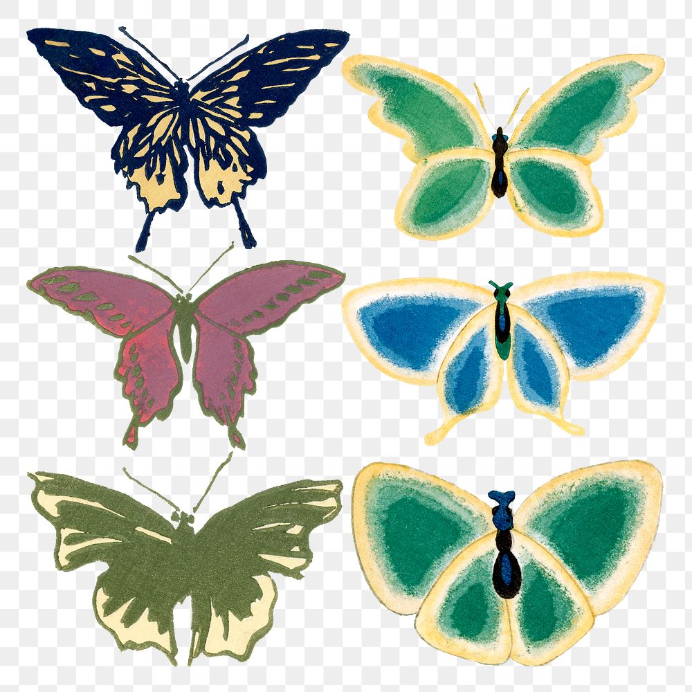 Vintage butterfly png sticker, watercolor design, transparent background set