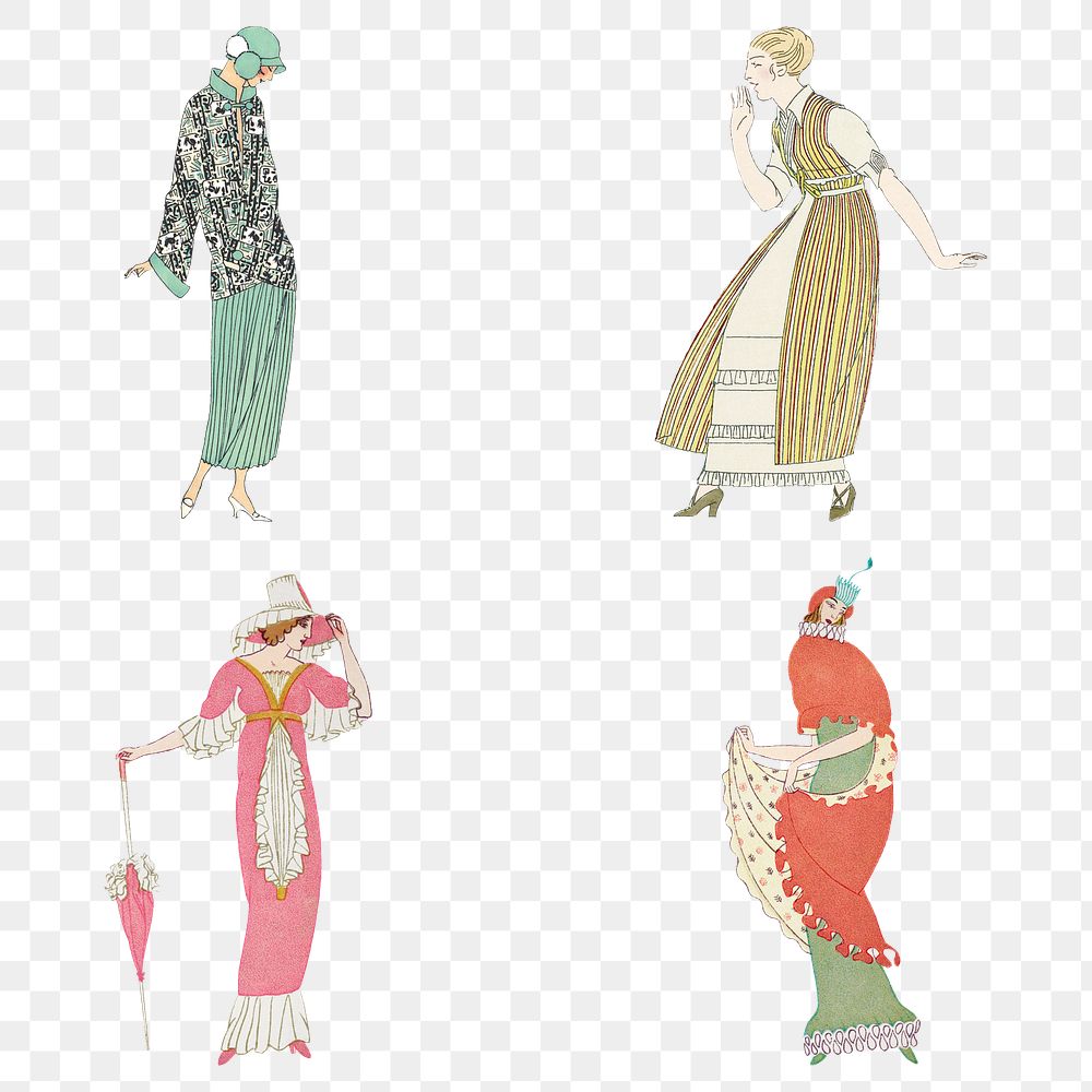 Png woman in fashionable vintage dress set, featuring public domain artworks
