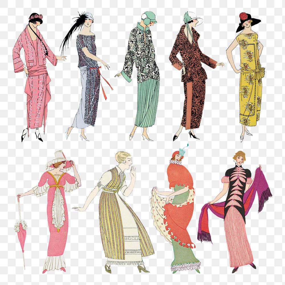 Woman png in fashionable vintage dress set, featuring public domain artworks