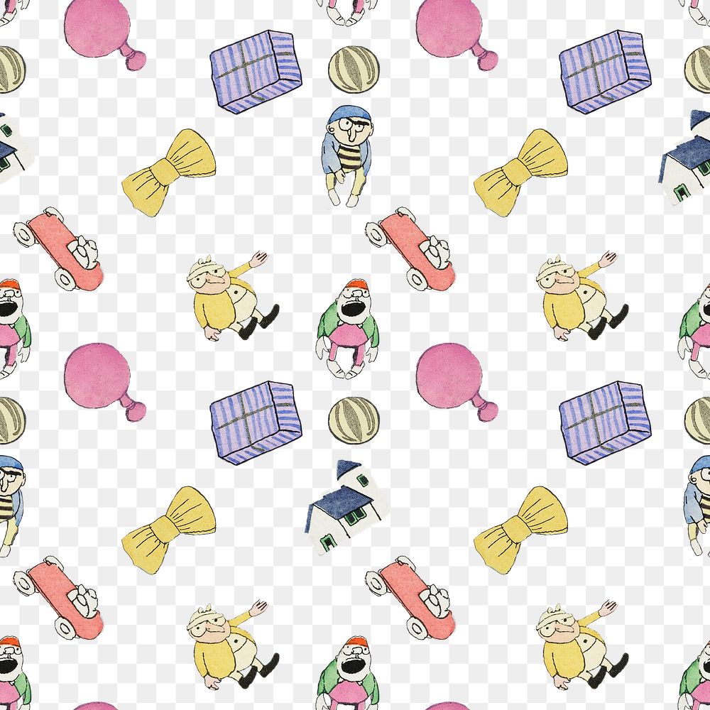 Png pattern with toys and bows on transparent background, remixed from the artworks by Charles Martin