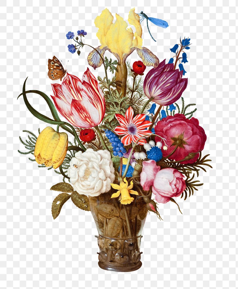 Png Bouquet of Flowers in a Glass Vase sticker, still life floral illustration, Ambrosius Bosschaert's artwork remastered by…