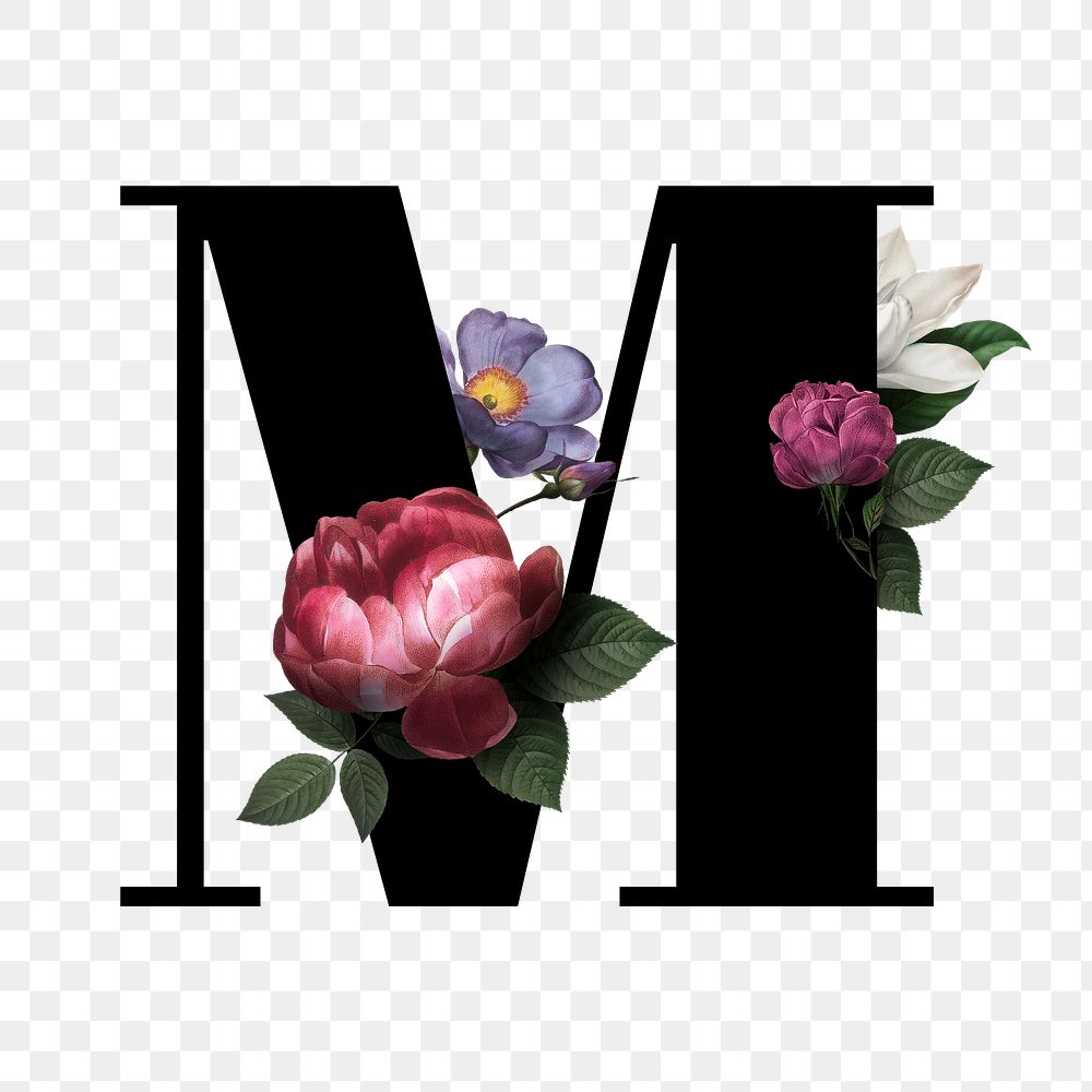 Classic and elegant floral alphabet font letter M transparent png