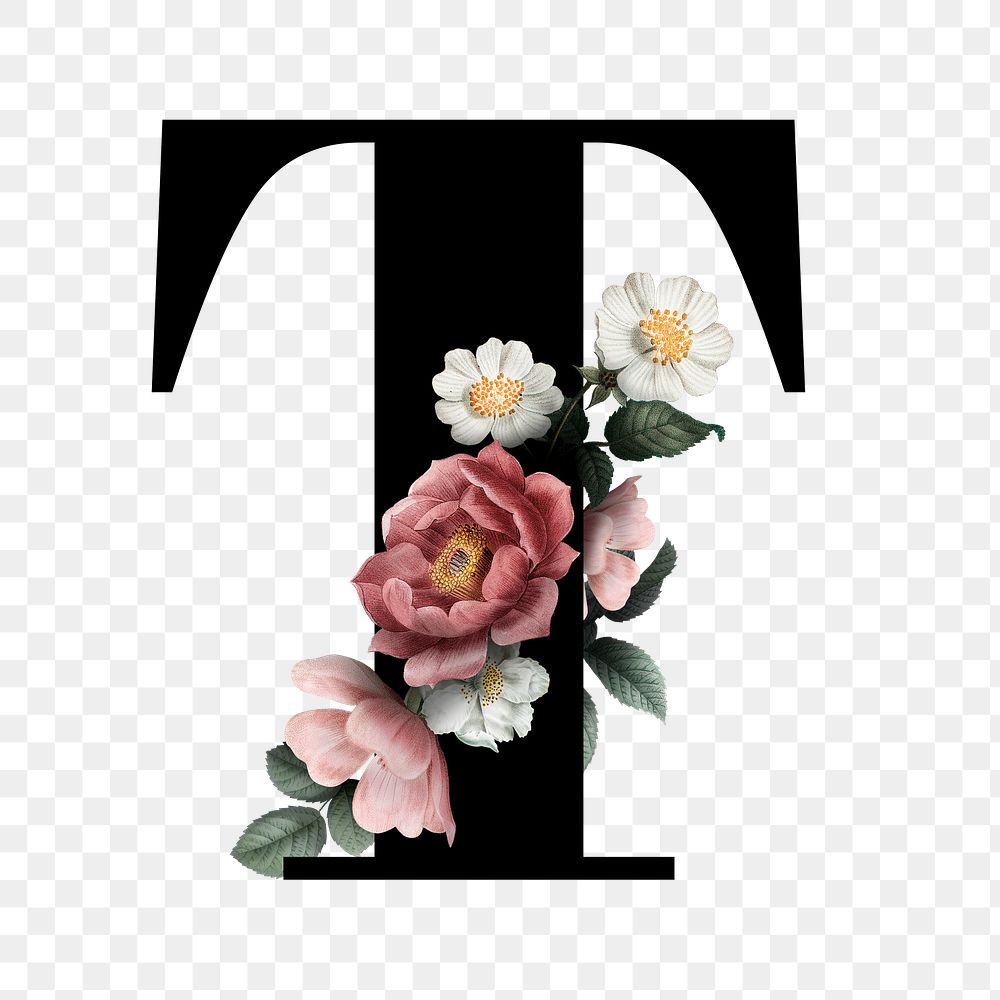 Classic and elegant floral alphabet font letter T transparent png