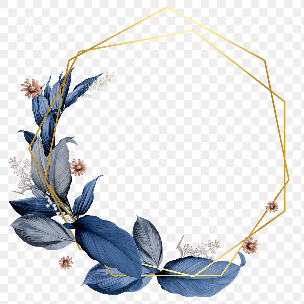 Blue leaves with golden hexagon frame design element