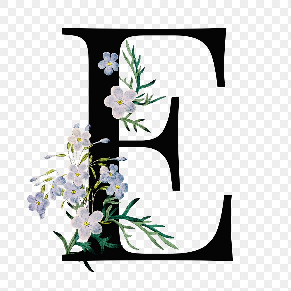 Elegant alphabet E png floral typography