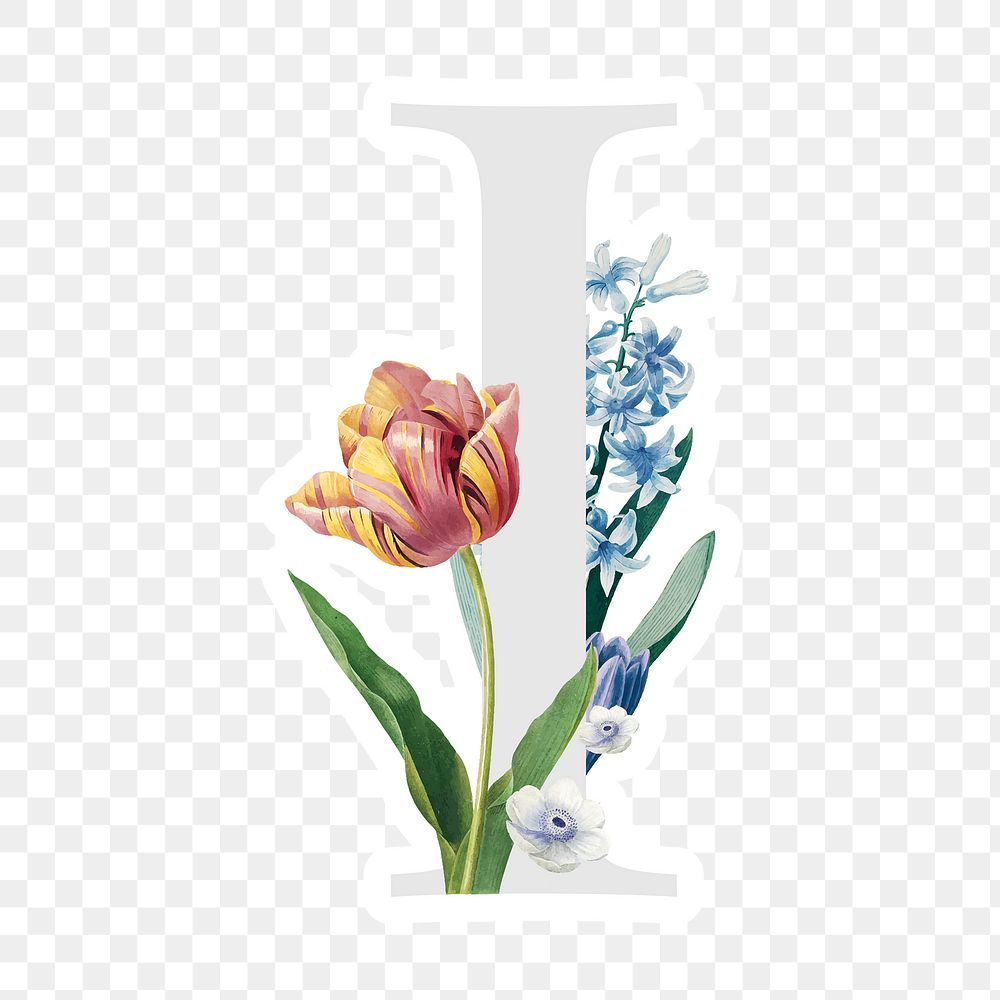 Flower decorated capital letter I sticker typography