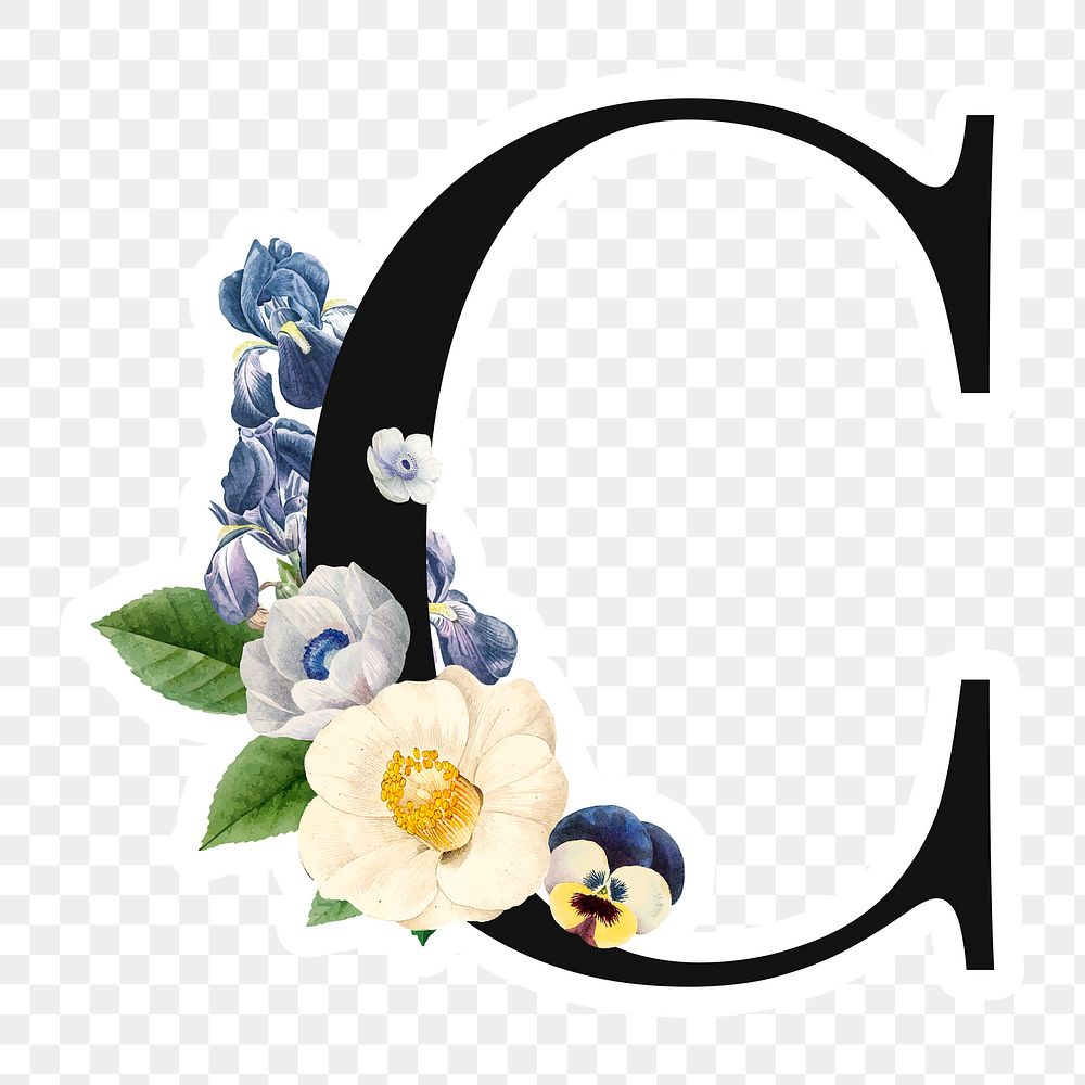 Flower decorated capital letter C sticker typography