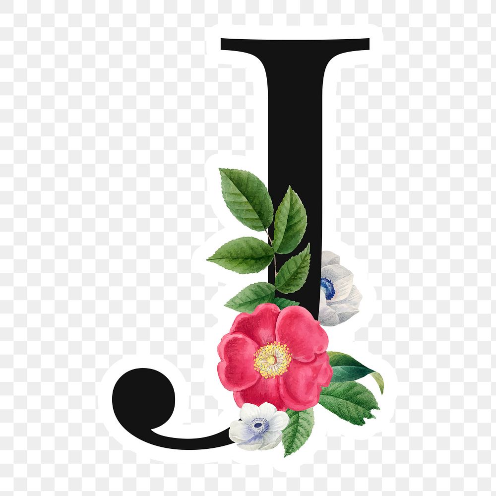 Flower decorated capital letter J sticker typography