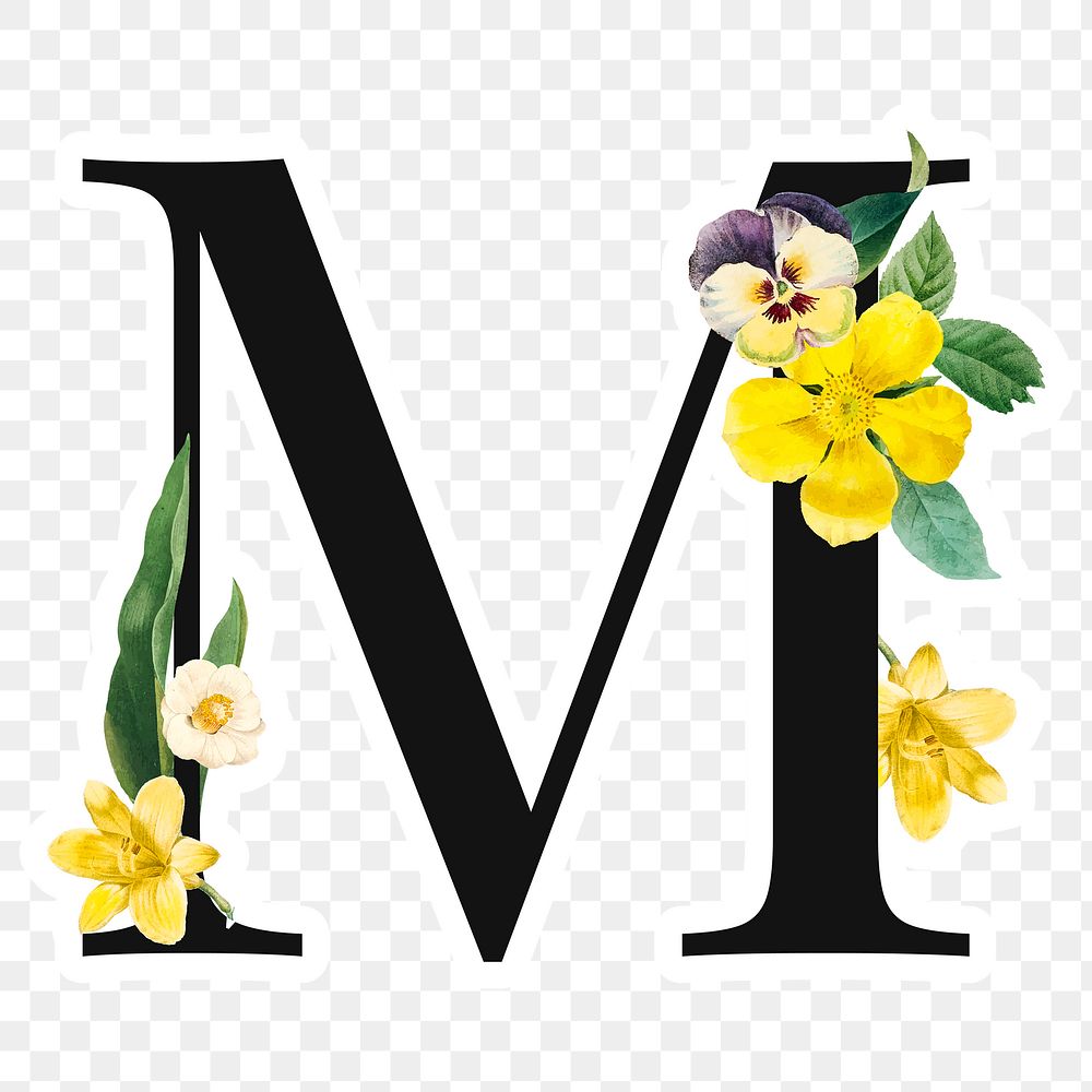 Flower decorated capital letter M sticker typography