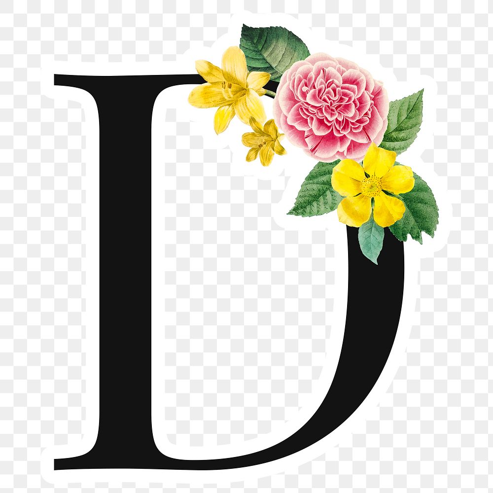 Flower decorated capital letter D sticker typography