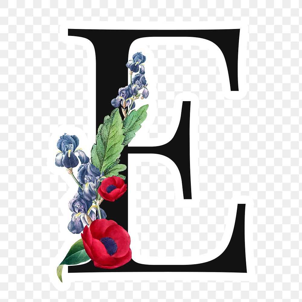 Flower decorated capital letter E sticker typography