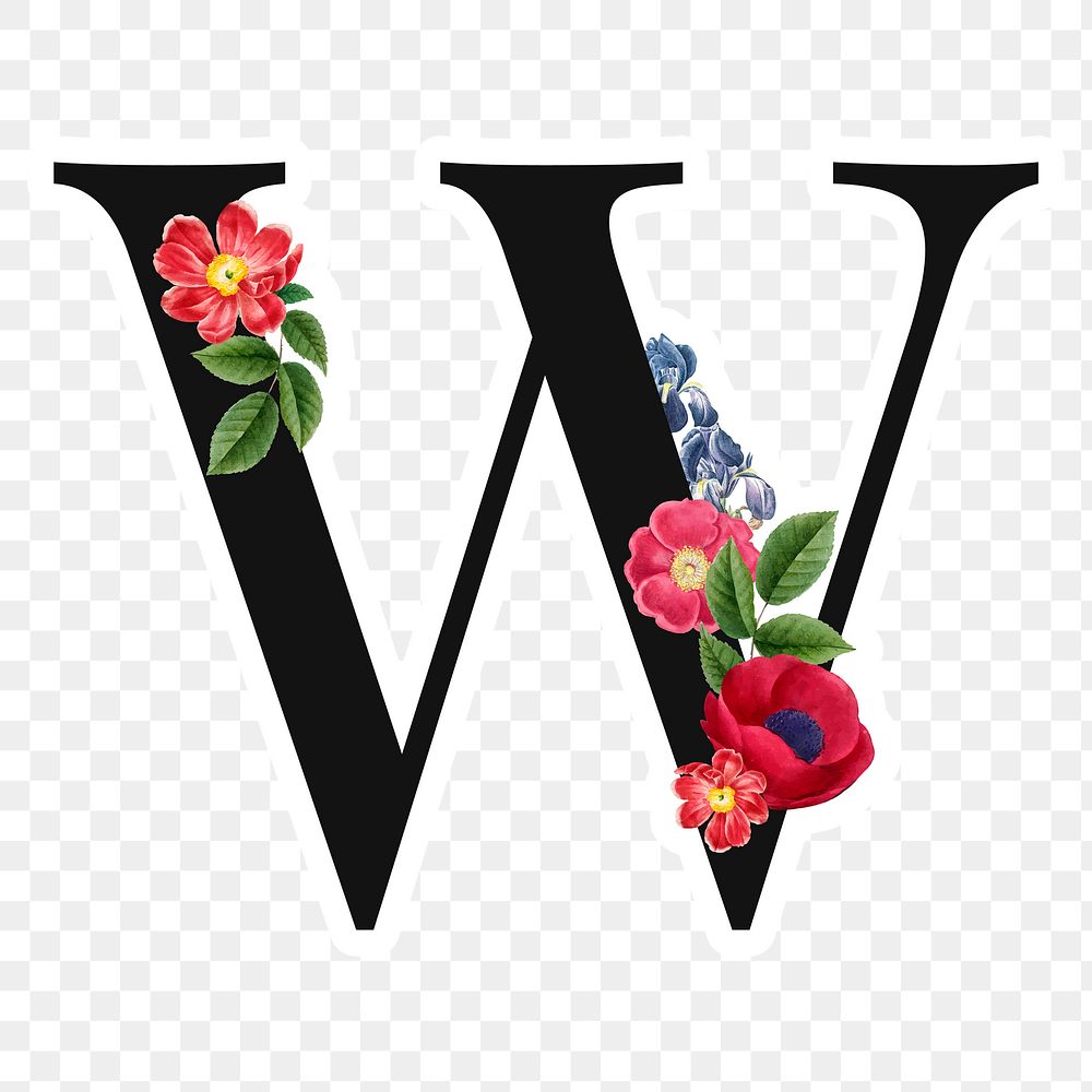 Flower decorated capital letter W sticker typography