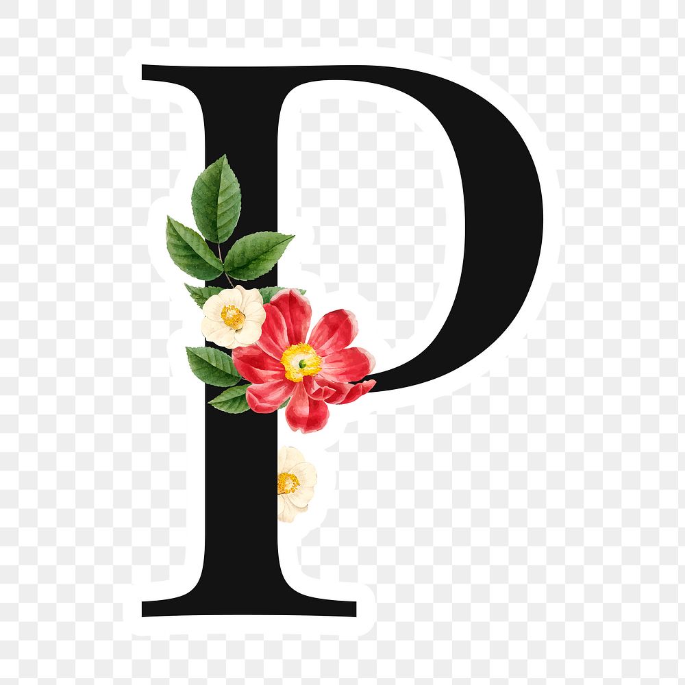 Flower decorated capital letter P sticker typography