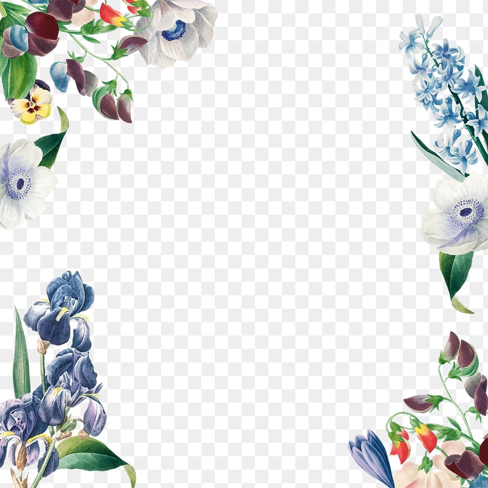 Blue spring flowers decorated frame design element
