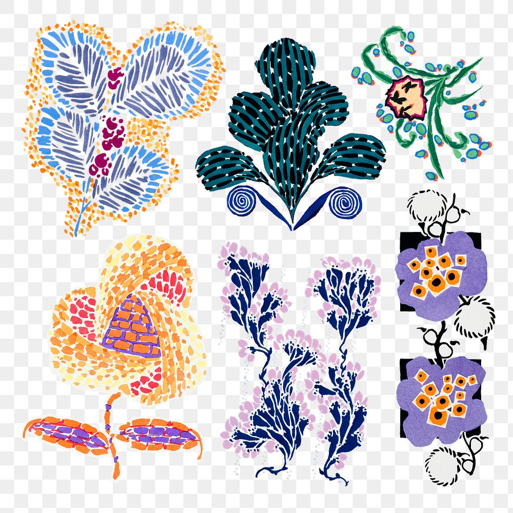 Flower png sticker, colorful vintage illustration set