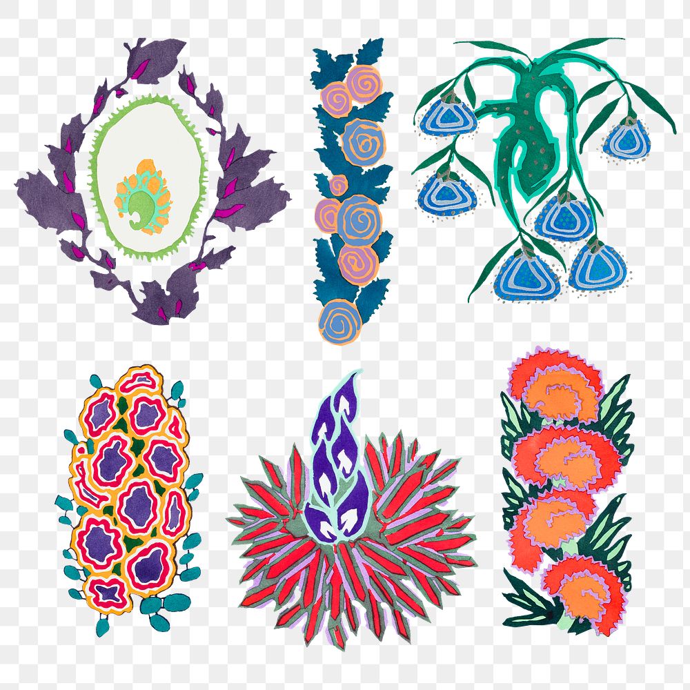 Vintage botanical png sticker, colorful art deco clip art set