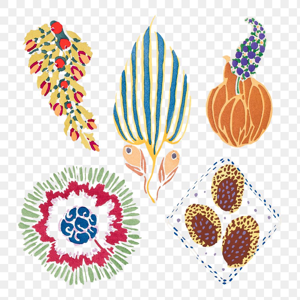 Vintage botanical png sticker, colorful art deco clip art set