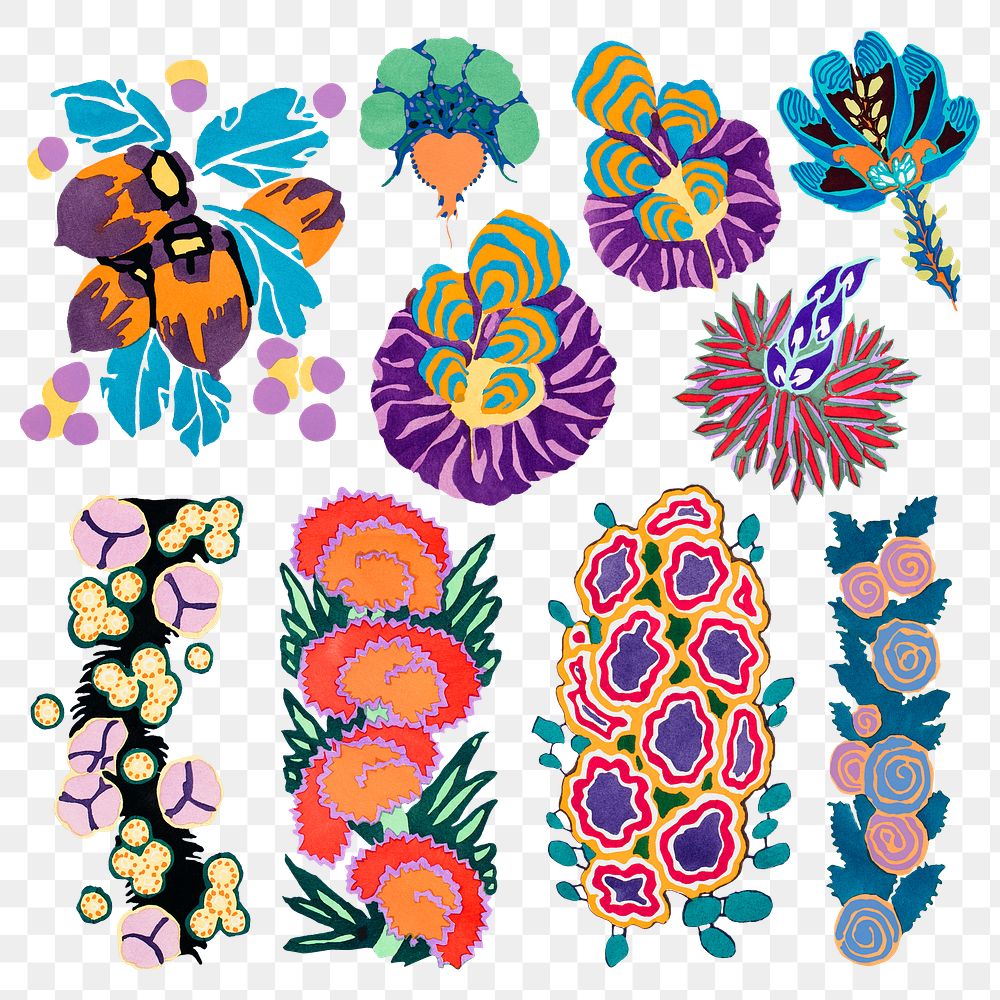 Art deco floral png sticker, vintage illustration set