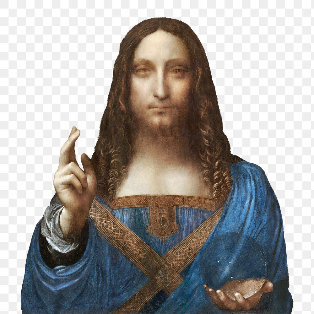 Salvator Mundi png sticker, Leonardo da Vinci's famous portrait on transparent background, remastered by rawpixel