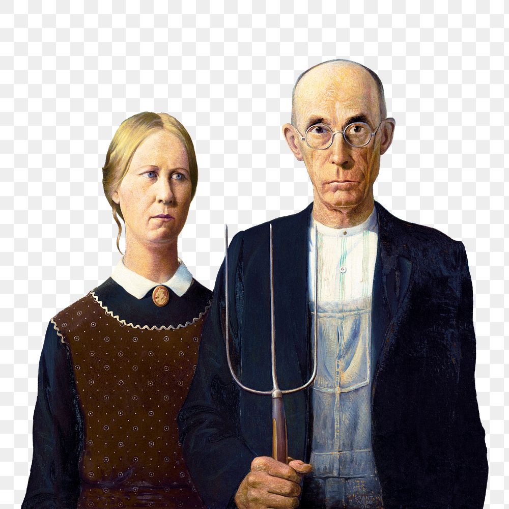 American Gothic png sticker, Grant Wood's vintage painting on transparent background, remastered by rawpixel